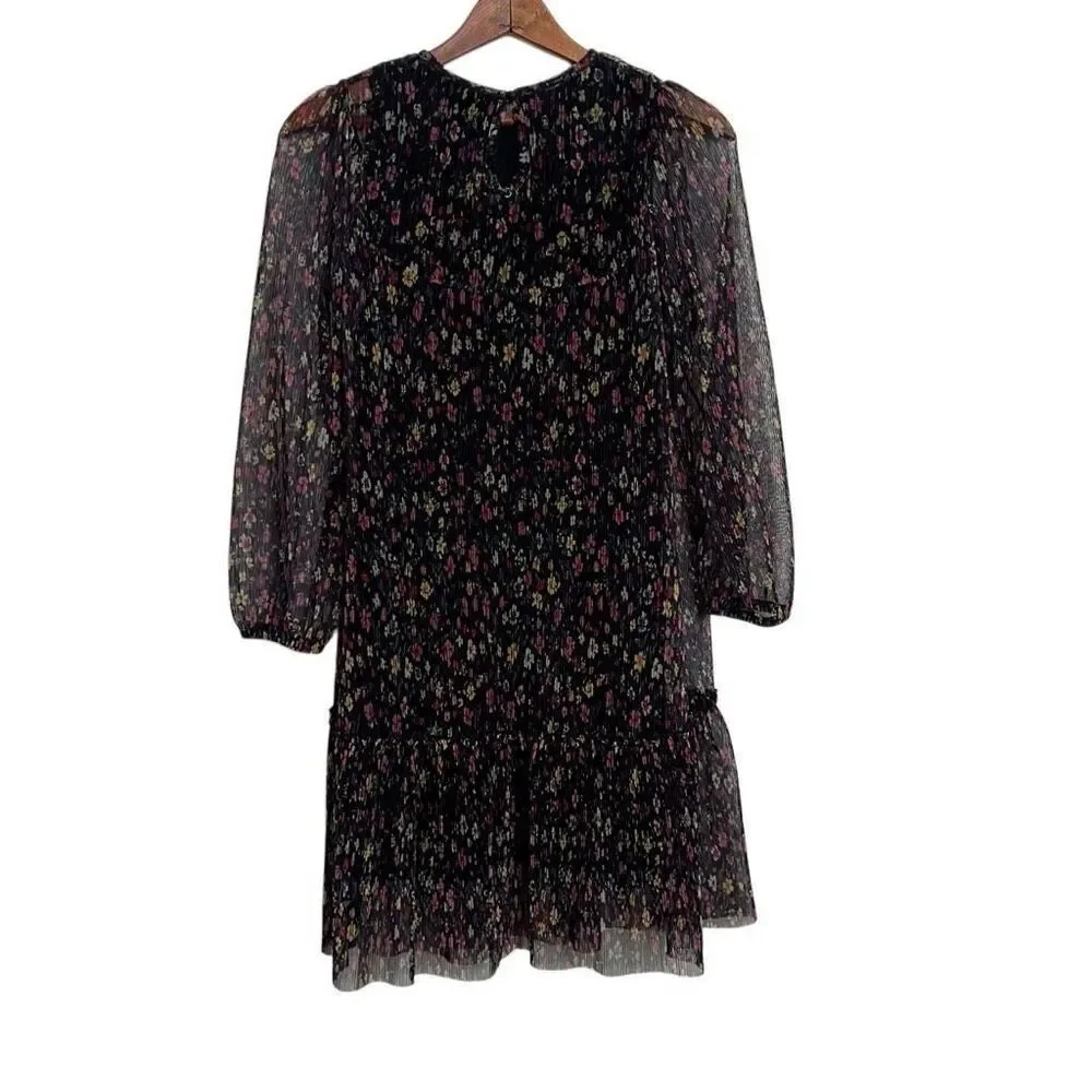 Zara Floral Pleated Sheer Sleeve Keyhole Back Tiered Mini Dress Black Size 11-12